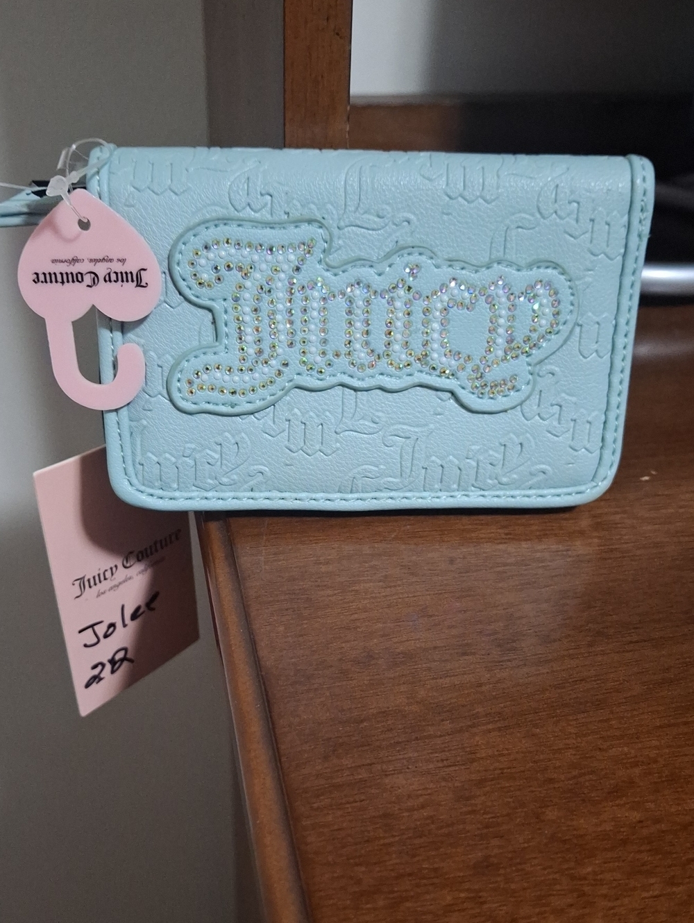 Juicy Couture Pastel Turquoise Rhinestone-Logo Compact Wallet